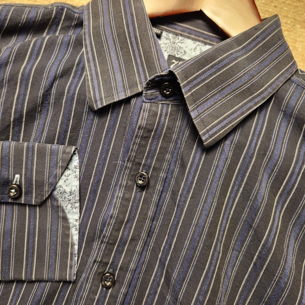 7 Diamonds‎ Button Down Shirt Mens M Blue Black Striped Paisley Trim Long Sleeve